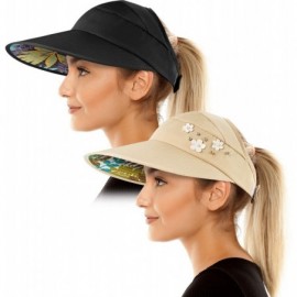 Sun Hats Sun Visor Hats for Women Wide Brim Sun Hat UV Protection Caps Floppy Beach Packable Visor - Beige and Black - C018UI...