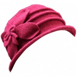 Skullies & Beanies Women 100% Wool Felt Round Top Cloche Hat Fedoras Trilby with Bow Flower - A1 Dark Red - C5185AE5354 $38.24