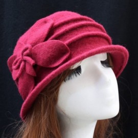 Skullies & Beanies Women 100% Wool Felt Round Top Cloche Hat Fedoras Trilby with Bow Flower - A1 Dark Red - C5185AE5354 $25.15