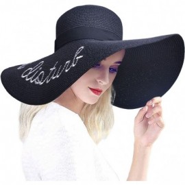 Sun Hats Womens Embroidery Large Brim Floppy Foldable Summer Sun Hat Straw Beach Hat - Black - CX1899N4XIG $12.88