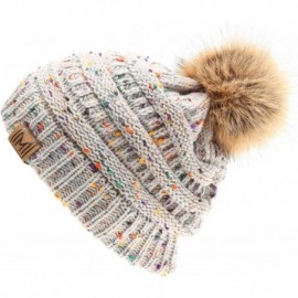 Skullies & Beanies Women's Soft Stretch Cable Knit Warm Skully Faux Fur Pom Pom Beanie Hats - Confetti - Light Grey - CO18W3W...