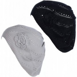 Berets Chic Parisian Style Soft Lightweight Crochet Cutout Knit Beret Beanie Hat - 2-pack Swirl Lt.gray & Black - CQ198RT7ST9...