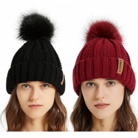 Skullies & Beanies Women Thick Cable Knit Faux Fuzzy Fur Pom Winter Skull Cap Cuff Beanie - Black/Burgundy 2pcs - C118A4A5567...