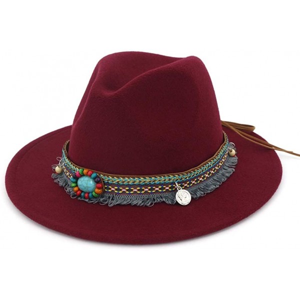 Fedoras Men Women Vintage Felt Fedora Hat Wide Brim Panama Hats with Buckle - Wine Red - CA18SWKOGMQ $30.58