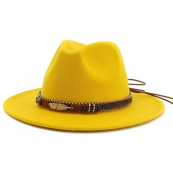 Fedoras Men Women Ethnic Felt Fedora Hat Wide Brim Panama Hats with Band - Yellow - CT18R9U89I4 $17.84