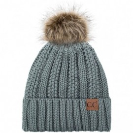 Skullies & Beanies Exclusives Fuzzy Lined Knit Fur Pom Beanie Hat (YJ-820) - Natural Grey - CA192AH7RAI $15.53