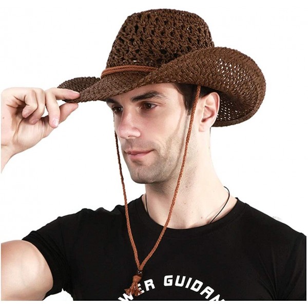 Fedoras Mens Wide Brim Straw Hat Fedora Panama Summer Beach Sun Hat UPF - B-brown - CO18SQ79CI9 $15.11