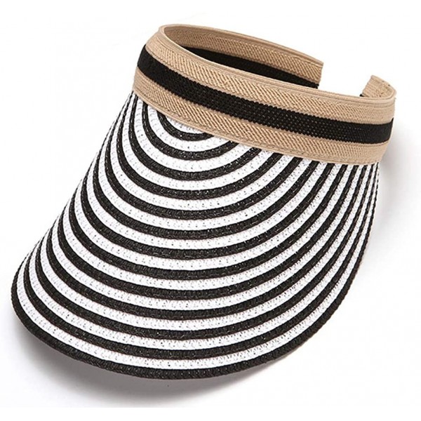 Visors Women UV Sun Protection Packable Straw Wide Brim Beach Visor Sun Hat - Black - CQ196M0OORI $9.28