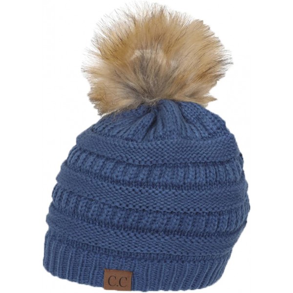 Skullies & Beanies Cable Knit Faux Fur Pom Pom Beanie Hat - Dark Denim - CE12O8J9LZF $11.01