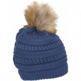 Skullies & Beanies Cable Knit Faux Fur Pom Pom Beanie Hat - Dark Denim - CE12O8J9LZF $11.01