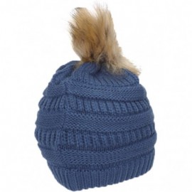 Skullies & Beanies Cable Knit Faux Fur Pom Pom Beanie Hat - Dark Denim - CE12O8J9LZF $11.01
