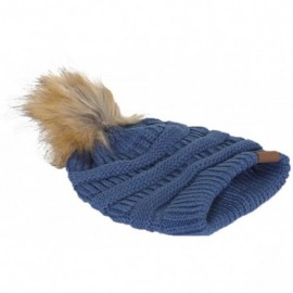 Skullies & Beanies Cable Knit Faux Fur Pom Pom Beanie Hat - Dark Denim - CE12O8J9LZF $11.01