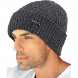 Skullies & Beanies Men's Wool Blend Knit Beanie- Soft & Warm Velour Fleece Lined - Twill Weave - Dark Gray - CB12NZ6OR4M $17.25