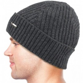 Skullies & Beanies Men's Wool Blend Knit Beanie- Soft & Warm Velour Fleece Lined - Twill Weave - Dark Gray - CB12NZ6OR4M $17.25