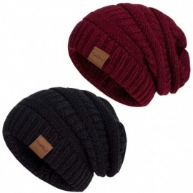 Skullies & Beanies Slouchy Beanie Hat for Women- Winter Warm Knit Oversized Chunky Thick Soft Ski Cap - Black+burgundy - CR18...