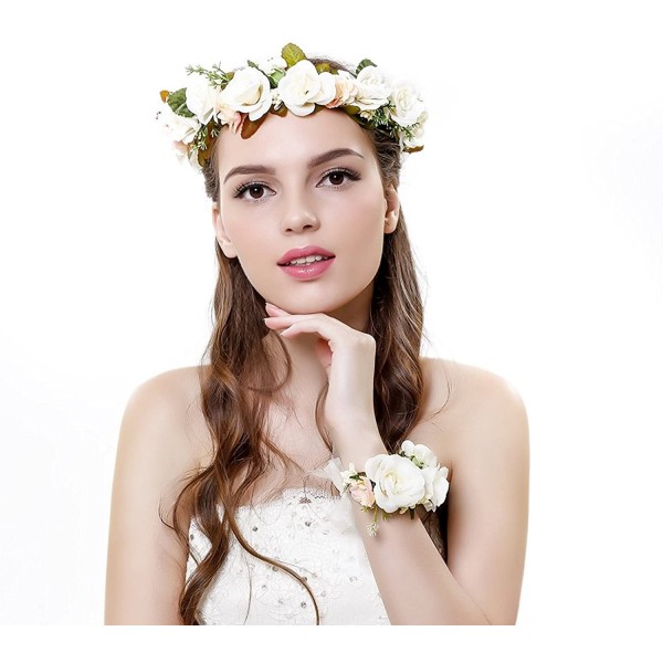 Headbands Women Flower Wreath Crown Floral Wedding Garland Headband Wrist Band Set - Beige-3 - C617YOR0MCI $12.89