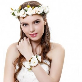 Headbands Women Flower Wreath Crown Floral Wedding Garland Headband Wrist Band Set - Beige-3 - C617YOR0MCI $12.89