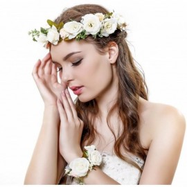 Headbands Women Flower Wreath Crown Floral Wedding Garland Headband Wrist Band Set - Beige-3 - C617YOR0MCI $12.89