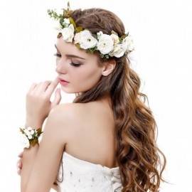 Headbands Women Flower Wreath Crown Floral Wedding Garland Headband Wrist Band Set - Beige-3 - C617YOR0MCI $12.89