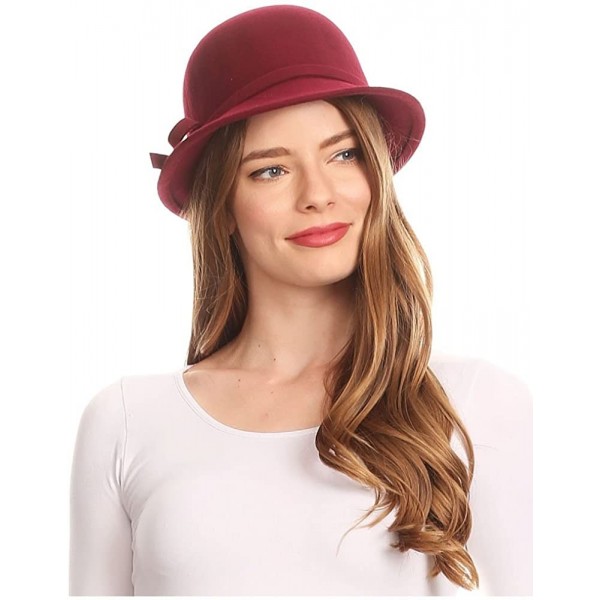 Bucket Hats Sally Vintage Style Wool Cloche Bucket Winter Hat with Bow Accent - Burgandy - CV1820N6AI6 $24.70