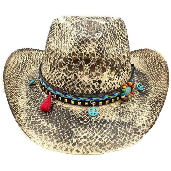 Cowboy Hats Woven Straw Western Cowboy Hat Vintage Wide Brim Outback Sun Hat with Leather Belt - C6 Cal - C118S5ZG428 $67.64