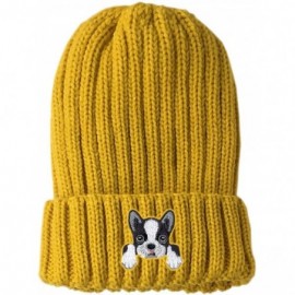 Skullies & Beanies [ Boston Terrier ] Cute Embroidered Puppy Dog Warm Knit Fleece Winter Beanie Skull Cap - Yellow - CA189RXK...
