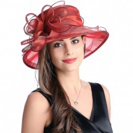 Sun Hats Women's Wide Brim Floral Organza Kentucky Derby Hat Tea Party Church Wedding Hat - Wine Red - CY18DEEMMNN $26.09