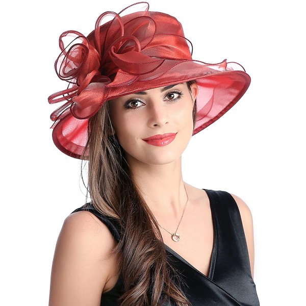 Sun Hats Women's Wide Brim Floral Organza Kentucky Derby Hat Tea Party Church Wedding Hat - Wine Red - CY18DEEMMNN $10.78