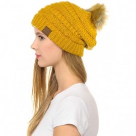 Skullies & Beanies Hat-43 Thick Warm Cap Hat Skully Faux Fur Pom Pom Cable Knit Beanie - Mustard - CD18X9Z3W53 $26.96