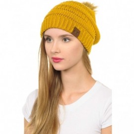 Skullies & Beanies Hat-43 Thick Warm Cap Hat Skully Faux Fur Pom Pom Cable Knit Beanie - Mustard - CD18X9Z3W53 $15.82