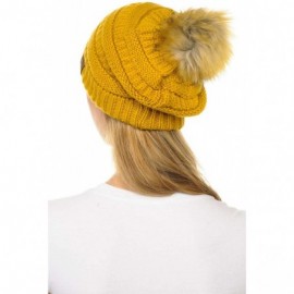 Skullies & Beanies Hat-43 Thick Warm Cap Hat Skully Faux Fur Pom Pom Cable Knit Beanie - Mustard - CD18X9Z3W53 $15.82