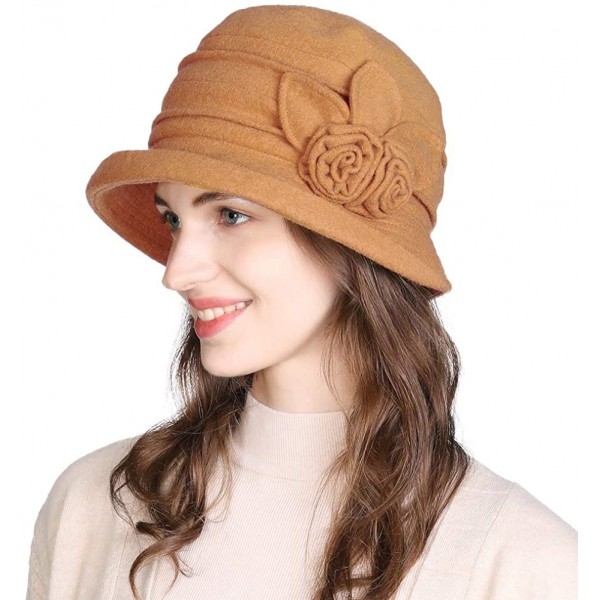 Berets Womens Wool Blend Winter Bucket 1920s Vintage Derby Hat Fedora Round Fall Bowler 55-59cm - 16076-tan - C818IICRGU2 $23.05