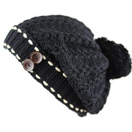 Skullies & Beanies 1000CMH-Women's Knit Beanie with Buttons and Pom Pom Winter Hat - Black - C9125WGK3MX $13.22