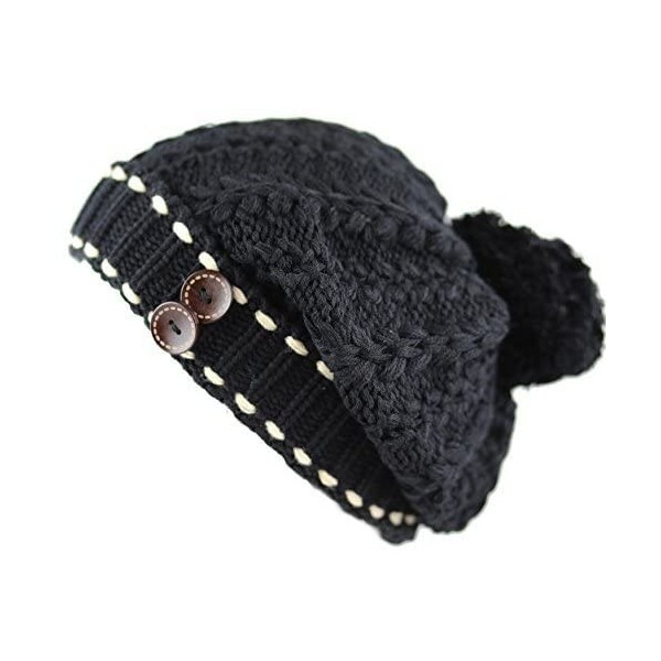 Skullies & Beanies 1000CMH-Women's Knit Beanie with Buttons and Pom Pom Winter Hat - Black - C9125WGK3MX $13.22