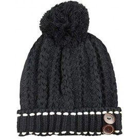 Skullies & Beanies 1000CMH-Women's Knit Beanie with Buttons and Pom Pom Winter Hat - Black - C9125WGK3MX $13.22