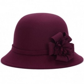 Bucket Hats Women Warm Wool Felt Church Cloche Cap Bucket Hat Bowler Hats with Flower Band - Wine Red - CP18LSSZX2M $19.76