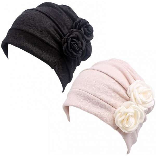 Skullies & Beanies Ruffle Chemo Turban Headband Scarf Beanie Cap Hat for Cancer Patient - Black+begie - CT18DK4UUO0 $14.97