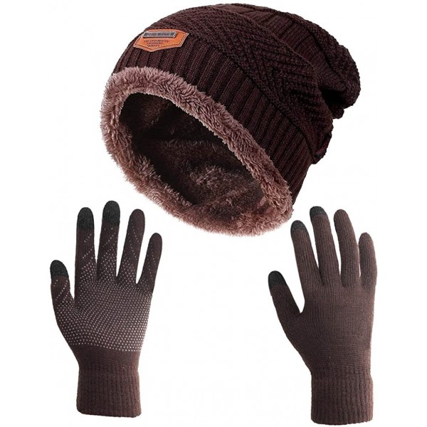 Skullies & Beanies Winter Slouchy Beanie Gloves for Women Knit Hats Skull Caps Touch Screen - Hat+gloves (Brown) - CH18994CYU...