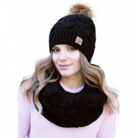 Skullies & Beanies Winter Knit Pom Beanie Hat Scarf Set Women Cute Soft Warm Infinity Scarves - Black Fleece Lined - CJ18XZ69...