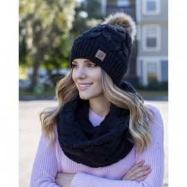 Skullies & Beanies Winter Knit Pom Beanie Hat Scarf Set Women Cute Soft Warm Infinity Scarves - Black Fleece Lined - CJ18XZ69...