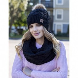 Skullies & Beanies Winter Knit Pom Beanie Hat Scarf Set Women Cute Soft Warm Infinity Scarves - Black Fleece Lined - CJ18XZ69...