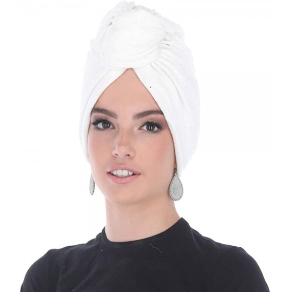 Skullies & Beanies Turban Headwraps for Women Featuring a Pretied Front Knot & Soft Sparkle Finish for Cancer - White - C0194...