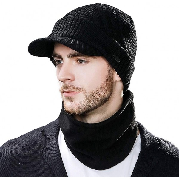 Newsboy Caps Unisex Knit Beanie Visor Cap Winter Hat Fleece Neck Scarf Set Ski Face Mask 55-61cm - 69311-black Set - CK18KMI6...