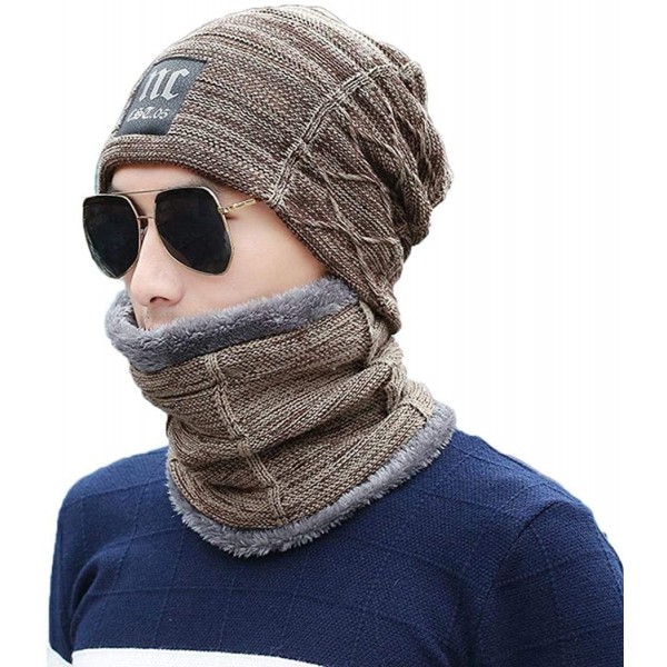 Skullies & Beanies Men Thicken Warm Hat with Scarf-Casual Knitted Skullies Beanies - Khaki - CK18AMN8ARW $16.66