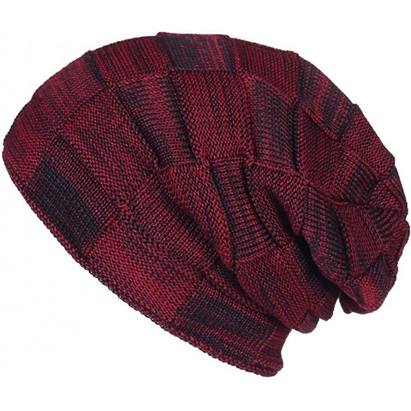 Skullies & Beanies Women Mens Winter Beanie Cabled Checker Pattern Knit Hat Strap Cap - Dark Red - CD18H2CU93I $9.86