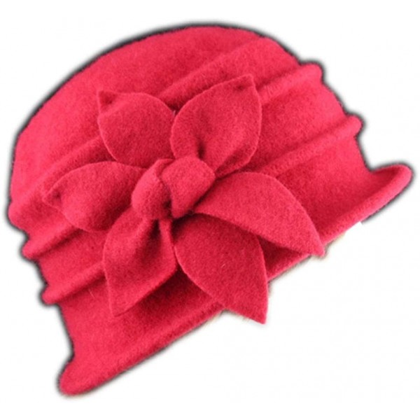 Bucket Hats Flower 100% Wool Dome Bucket Hat Winter Cloche Hat Fedoras Derby Hat - Red - CU18HCC43UC $10.86