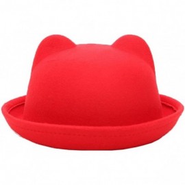 Fedoras Cat Ear Wool Bowler Hats - Cute Derby Fedora Caps with Roll-up Brim for Youth Petite - Red - CE12N35MDTP $10.78