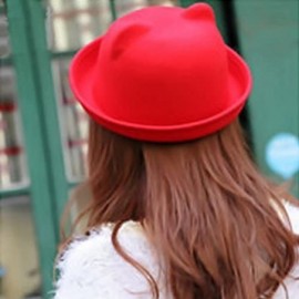 Fedoras Cat Ear Wool Bowler Hats - Cute Derby Fedora Caps with Roll-up Brim for Youth Petite - Red - CE12N35MDTP $10.78