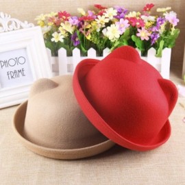 Fedoras Cat Ear Wool Bowler Hats - Cute Derby Fedora Caps with Roll-up Brim for Youth Petite - Red - CE12N35MDTP $10.78