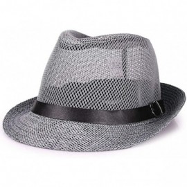 Fedoras Men Mesh Straw Summer Fedora Hat Short Brim Beach Sunhat Breathable Panama Cap - Gray - C918QWNTLSO $25.22